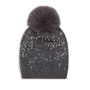 NWT Women Fox Fur-Trim & Sequin Knit Grey Pom-Pom Beanie